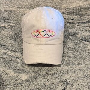 New Custom Designed White Distressed Baseball Cap w Embroidered Rainbow Hearts
